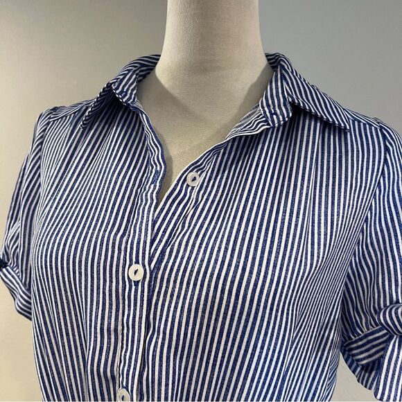 Monteau Blue and White Striped short sleeve Dress size large - Picture 2 of 12